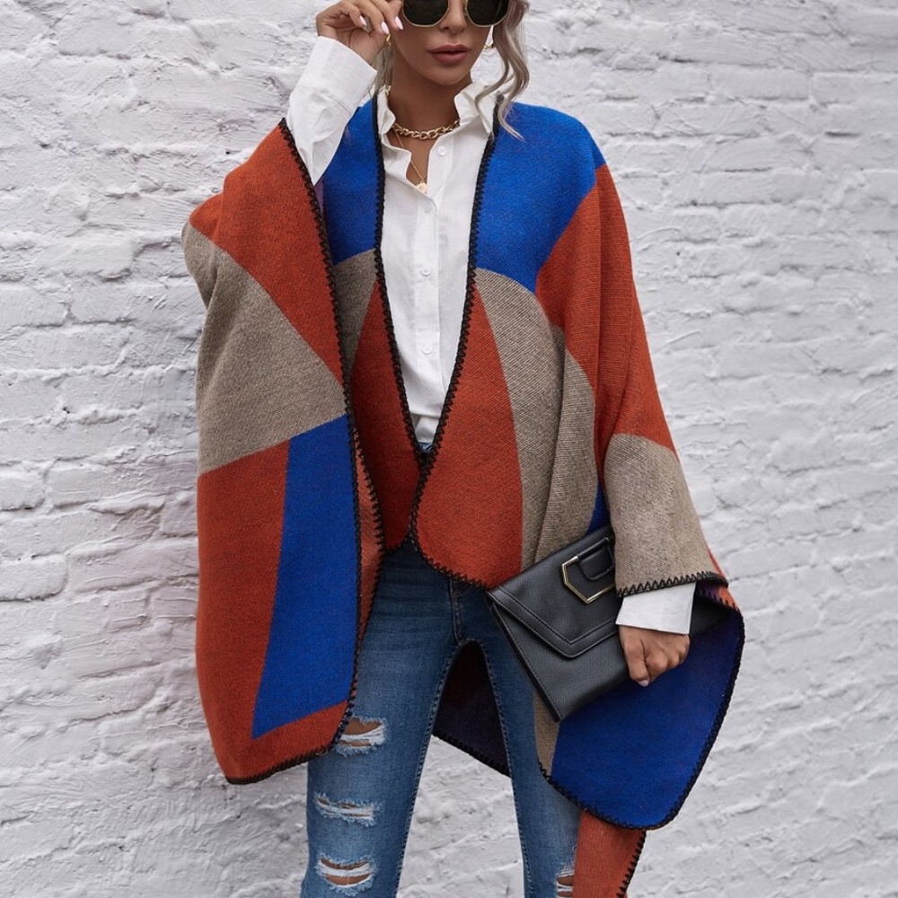 fall color block open front kimono poncho cardigan - Picture 2 of 11